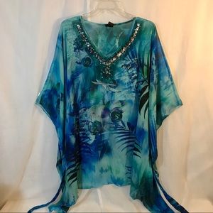 New Directions blue and teal sheer bling blouse